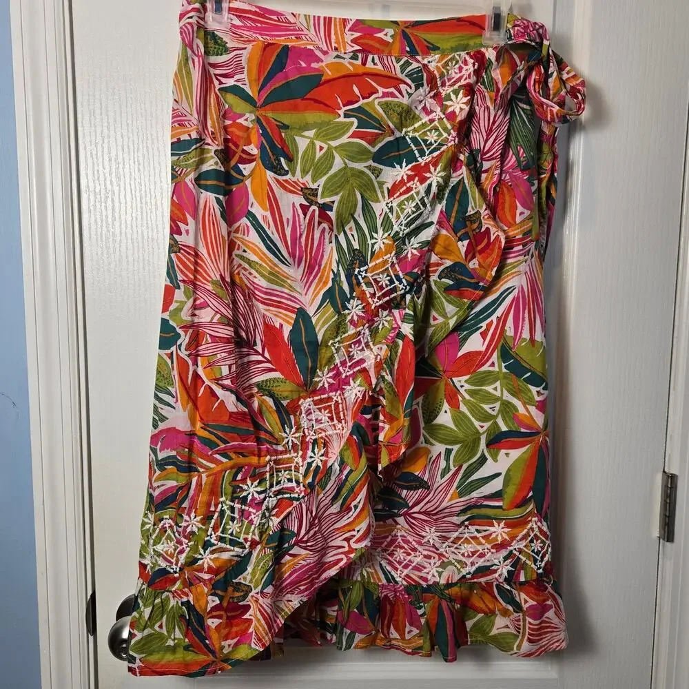 Faux wrap tropical sz L embroidered details Midi skirt resort
